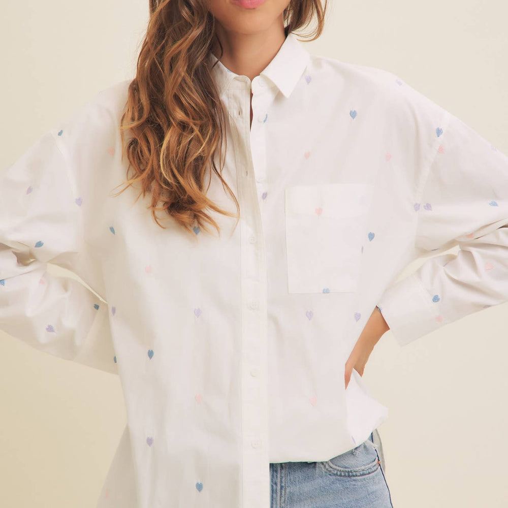 
                      
                        Full of Hearts Embroidery Button-Down Shirt – Soft Cotton with Playful Heart Detail
                      
                    