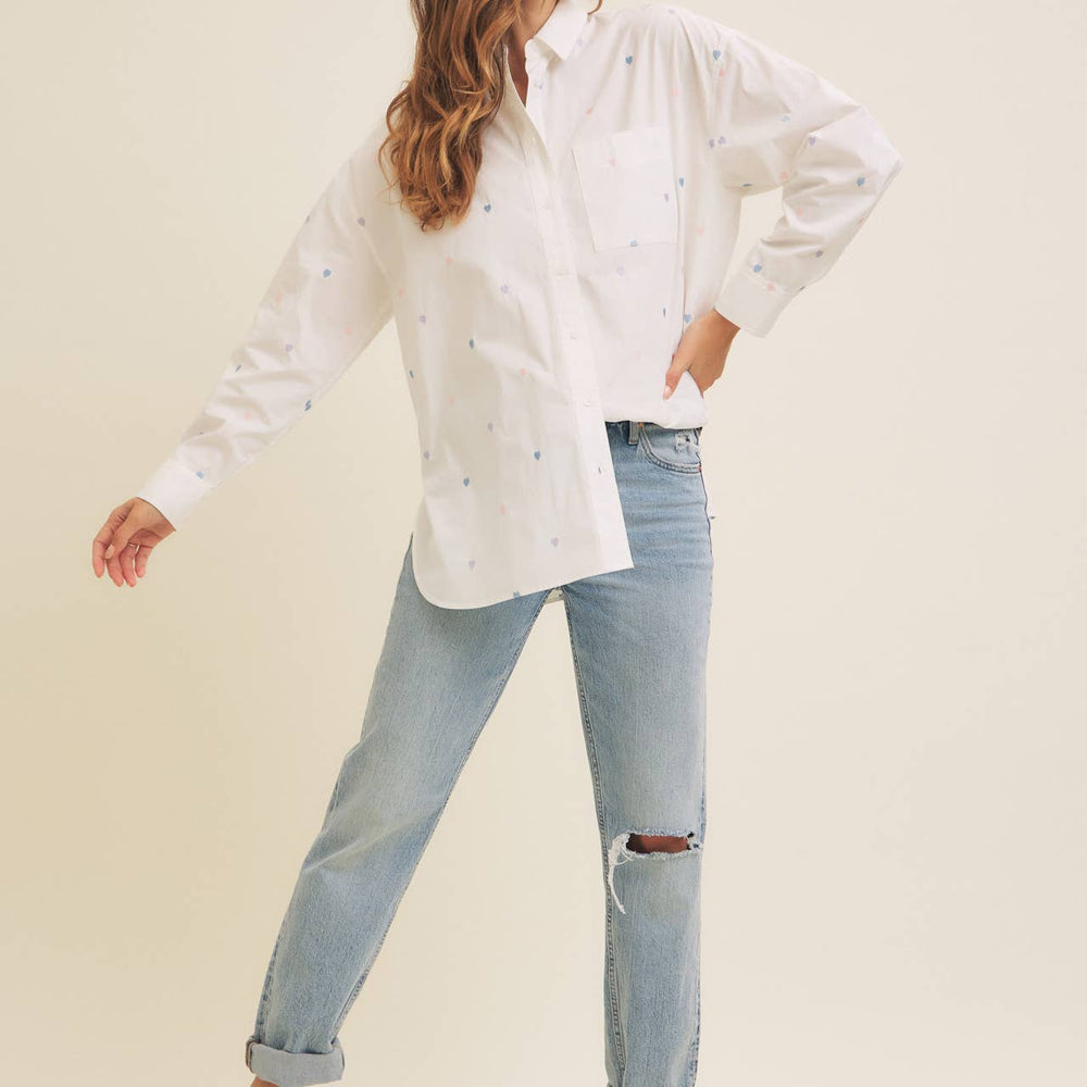 
                      
                        Full of Hearts Embroidery Button-Down Shirt – Soft Cotton with Playful Heart Detail
                      
                    