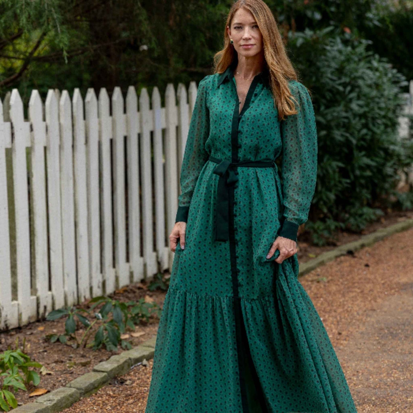Removable tie waist band detail on green floral maxi dress