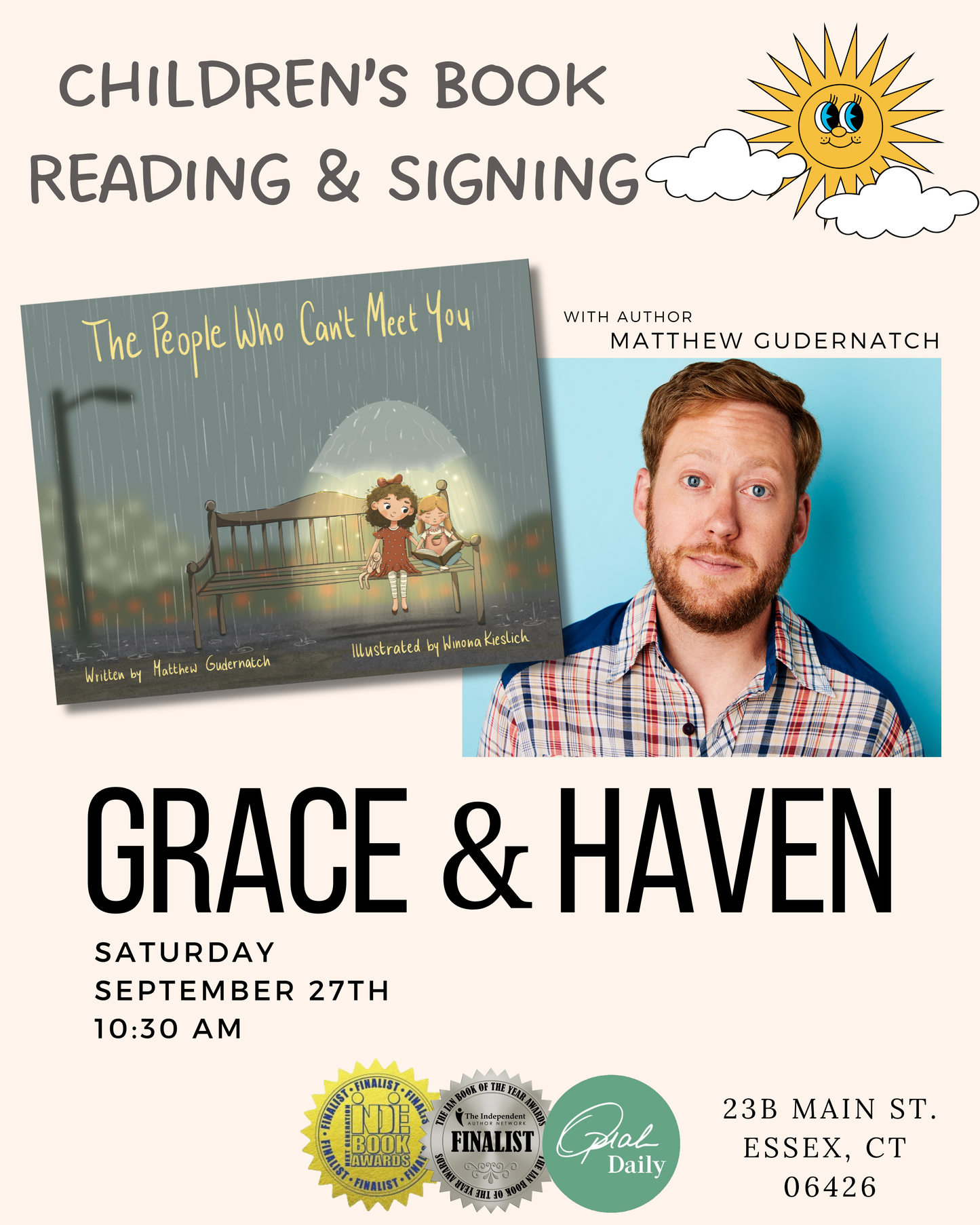 Event flyer for author meet and greet, book reading, and signing with Matthew Gudernach in Essex, CT on Saturday September 27 at 10:30 AM – family-friendly Connecticut book signing event featuring best-selling children’s book available for $22 in-store and online.