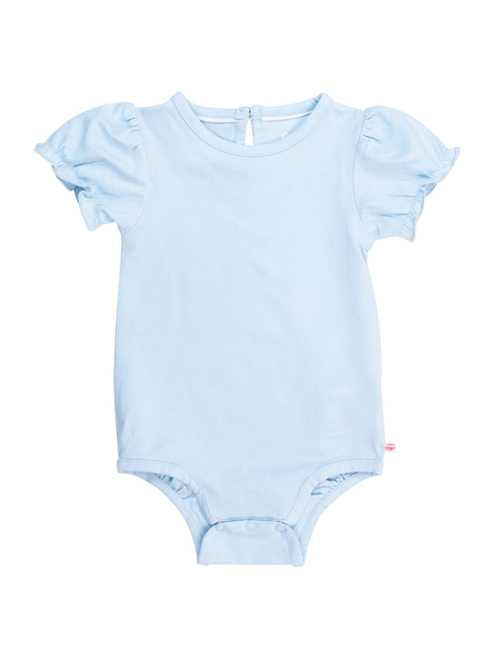 Baby girls light blue knit puff short sleeve bodysuit laid flat, showing charming puff sleeves and soft cotton-blend fabric