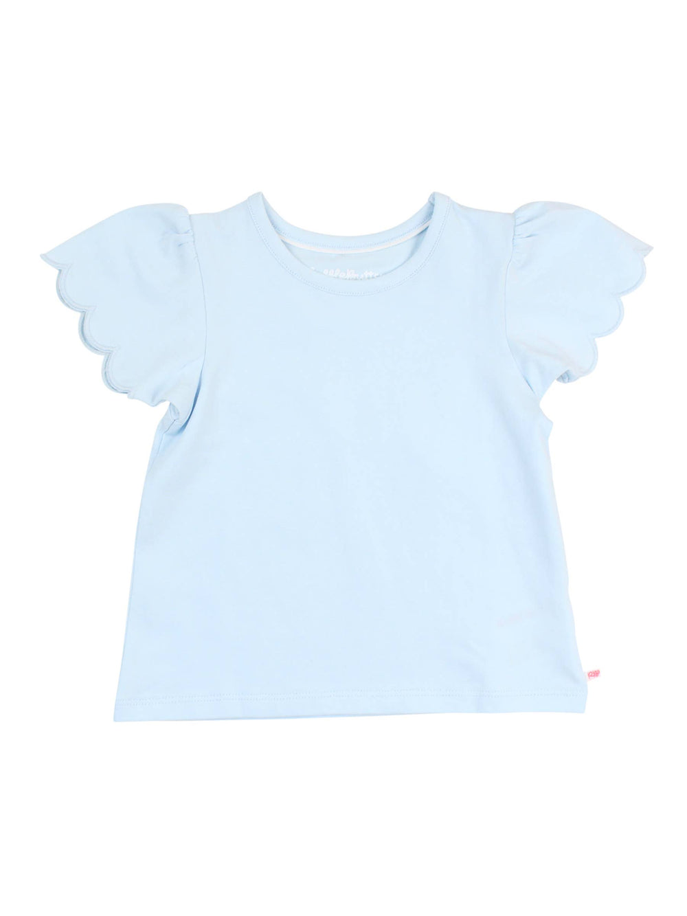 Baby girls light blue puff sleeve bodysuit laid flat, front view showcasing delicate sleeves and soft fabric