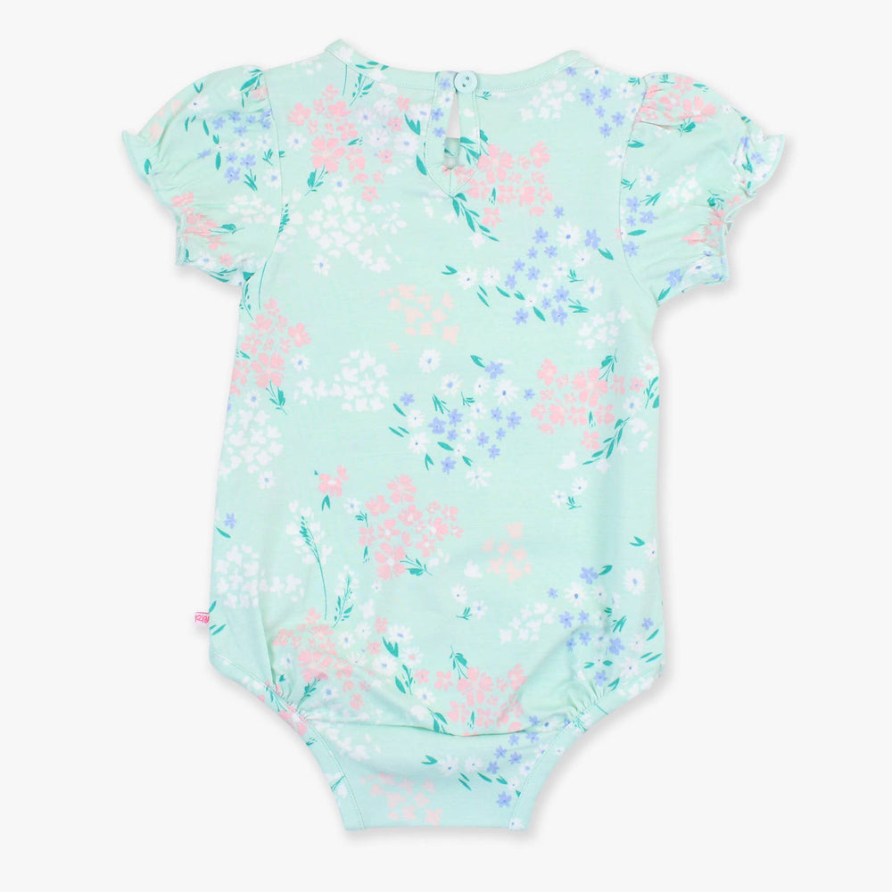 
                      
                        Back flat lay of mint meadow floral bodysuit for baby girls with soft stretch and puff sleeve detail
                      
                    
