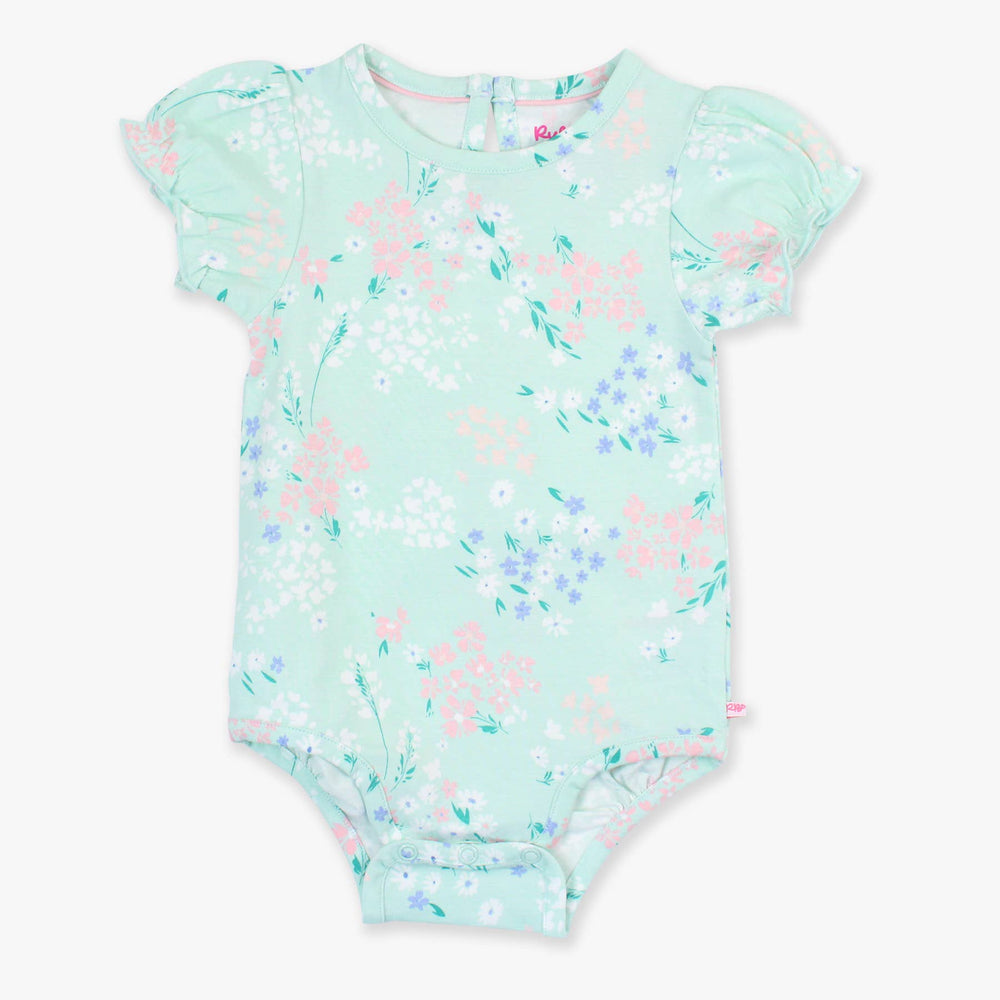 Front flat lay of baby girls mint meadow puff sleeve bodysuit featuring floral print and breathable knit fabric