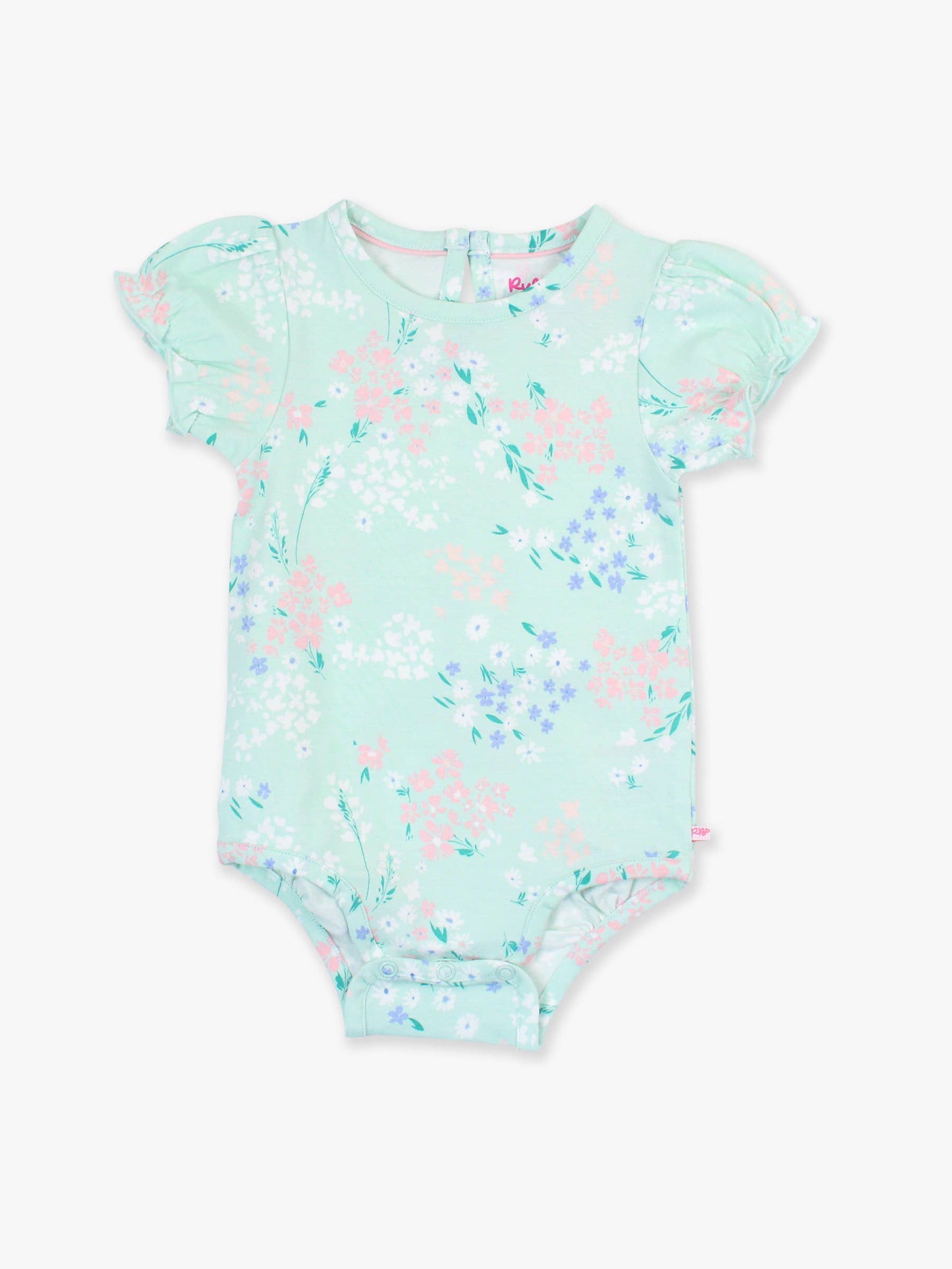 Front flat lay of baby girls mint meadow puff sleeve bodysuit featuring floral print and breathable knit fabric