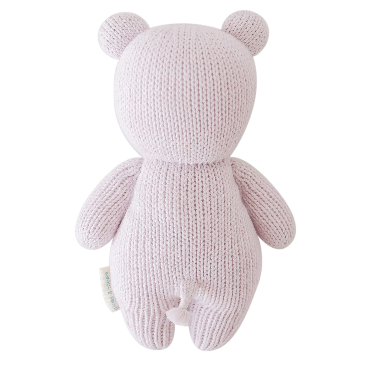 Back view flatlay of lavender Cuddle + Kind baby hippo, featuring hand-knit details and soft texture