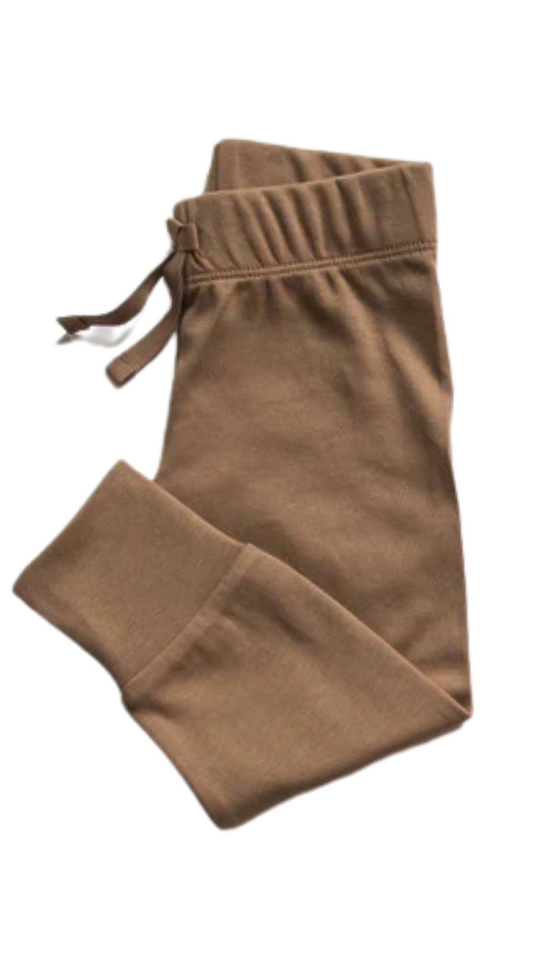 Cruz Organic Baby Joggers in Nutmeg made of 100% organic cotton, featuring decorative drawstrings and a soft, luxurious feel, perfect for year-round comfort.