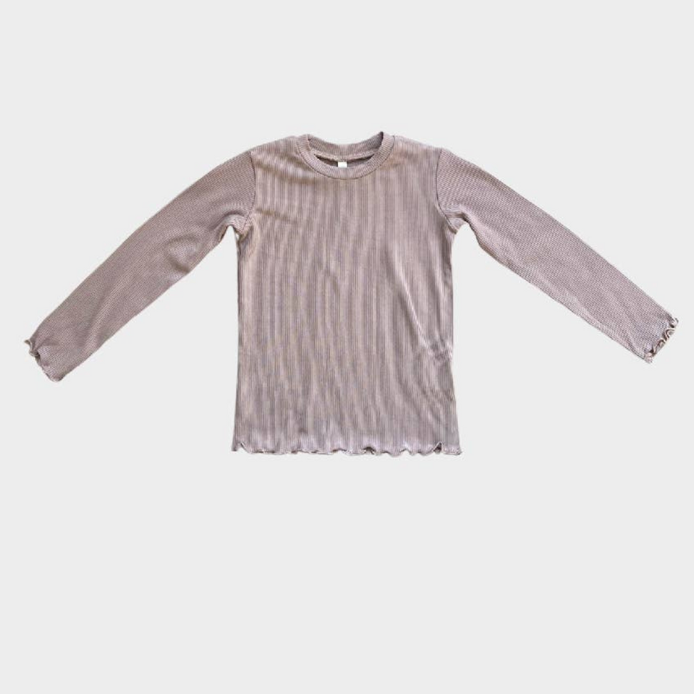 
                      
                        Flatlay of lilac bamboo lettuce hem long sleeve tee, styled with flare pants for a soft, comfortable, and eco-friendly toddler outfit.
                      
                    