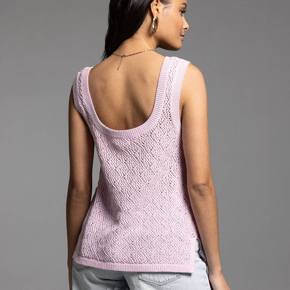 
                      
                        Back view of model wearing Bailey Square Neck Knit Top in lilac paired with shorts, showcasing fitted silhouette
                      
                    