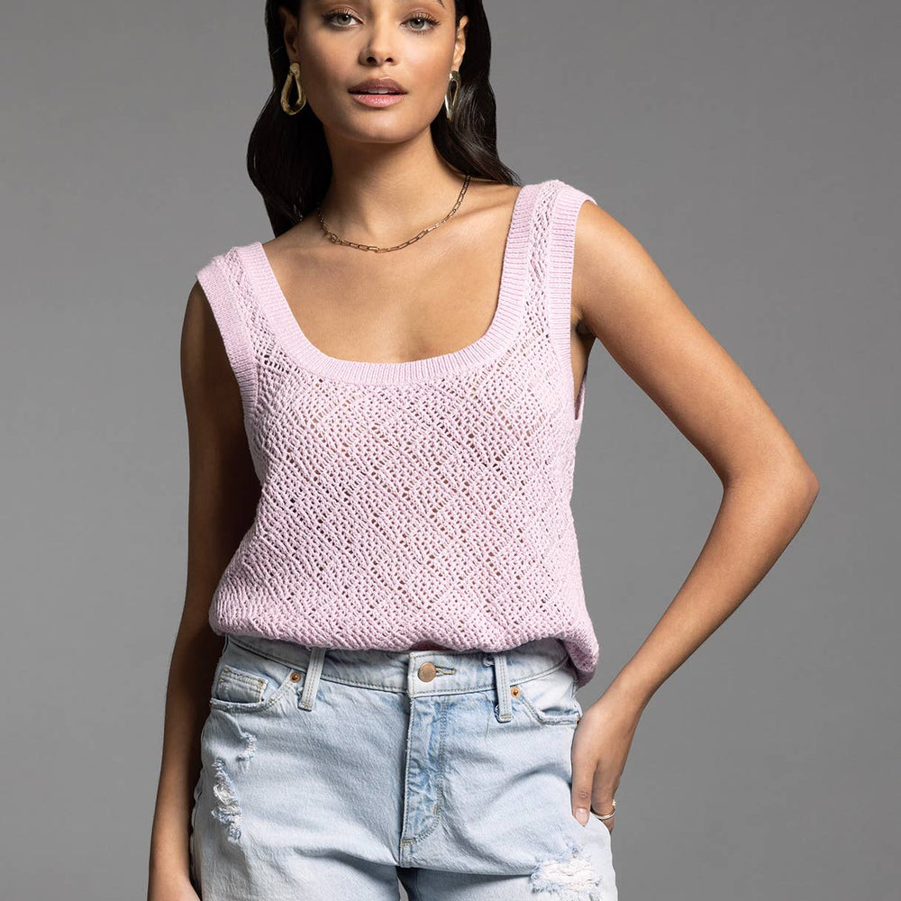 Close-up of Bailey Square Neck Knit Top in lilac on model, focusing on square neckline and soft cotton fabric