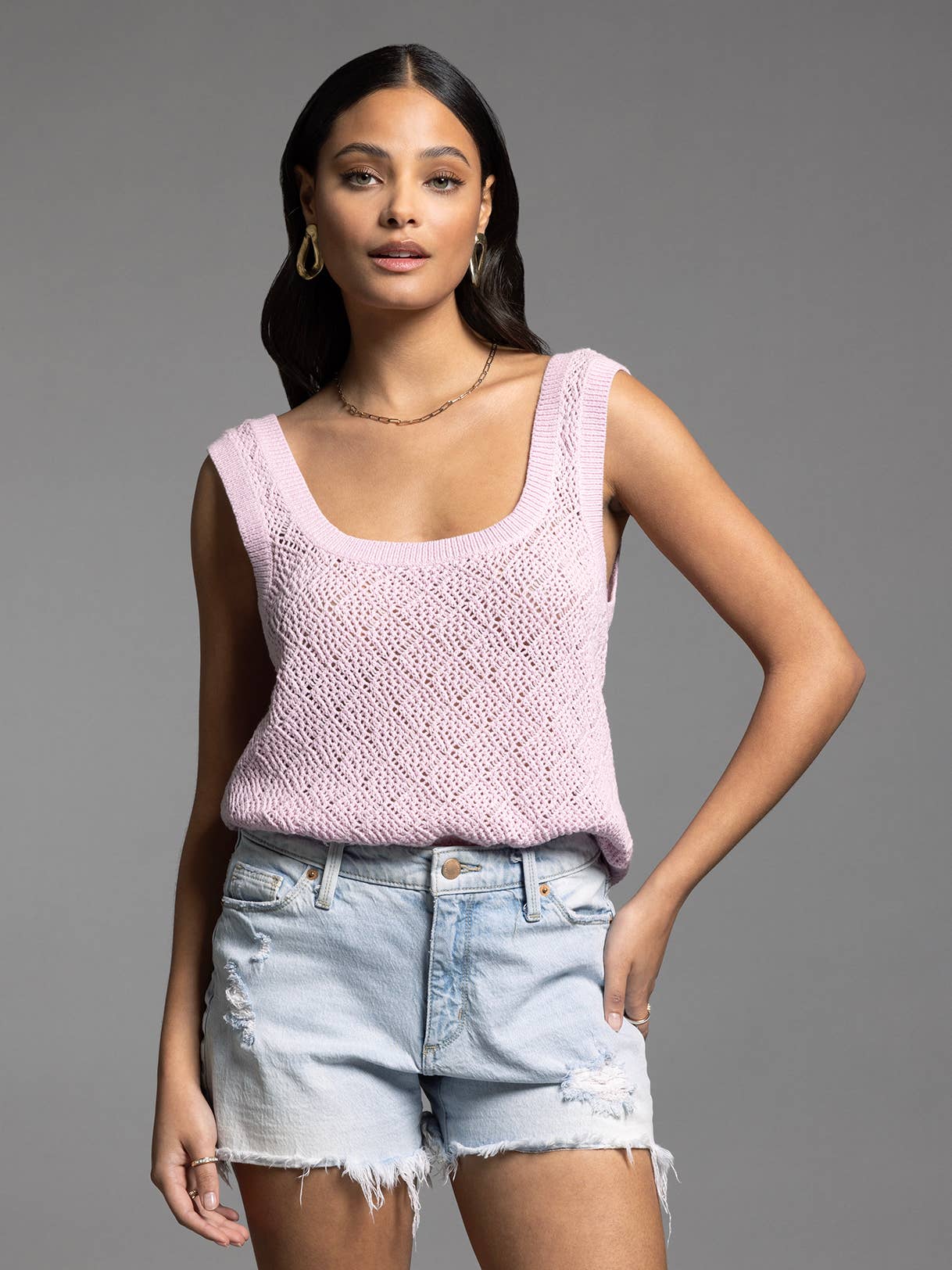 Close-up of Bailey Square Neck Knit Top in lilac on model, focusing on square neckline and soft cotton fabric
