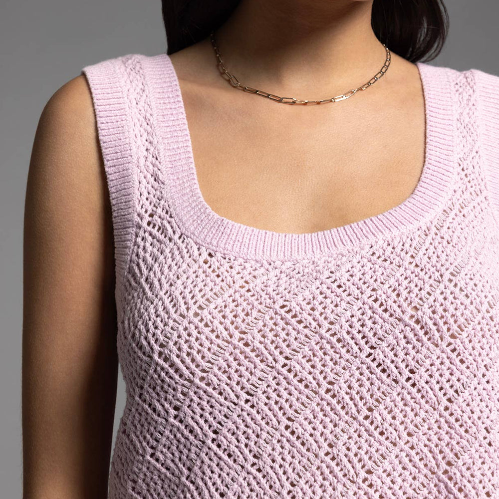 
                      
                        Detailed close-up of square neckline and texture of soft 100% cotton knit fabric in Bailey Top, lilac color
                      
                    