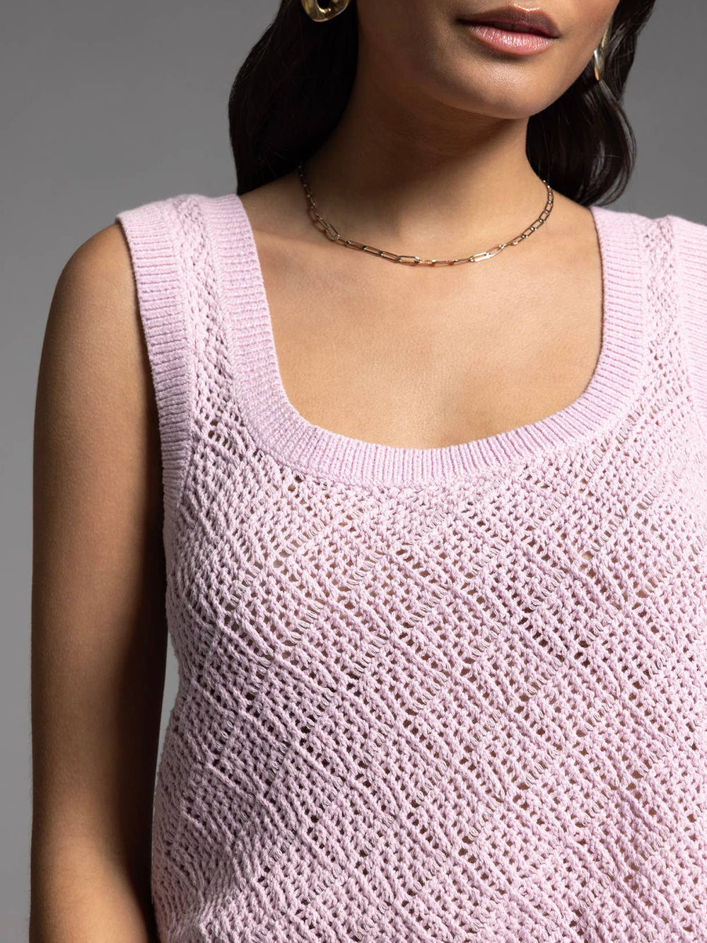 Detailed close-up of square neckline and texture of soft 100% cotton knit fabric in Bailey Top, lilac color
