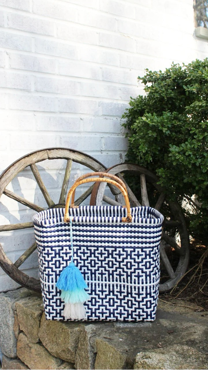Bamboo Preppy Tile Citron Tote in navy and white, front angle