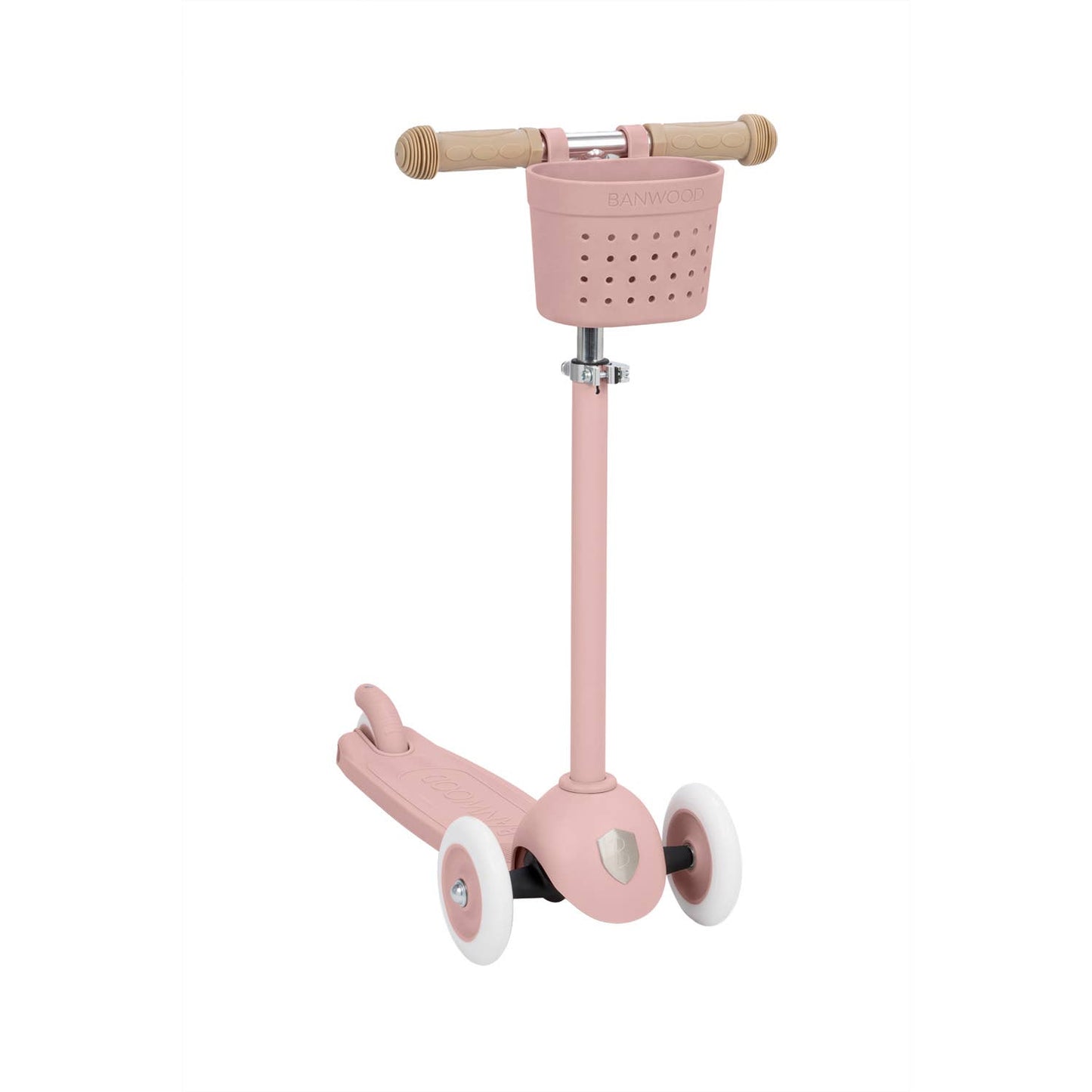 Banwood Eco Scooter in Dusty Rose — full scooter showing three-wheel design, T-handlebar, and anti-slip deck