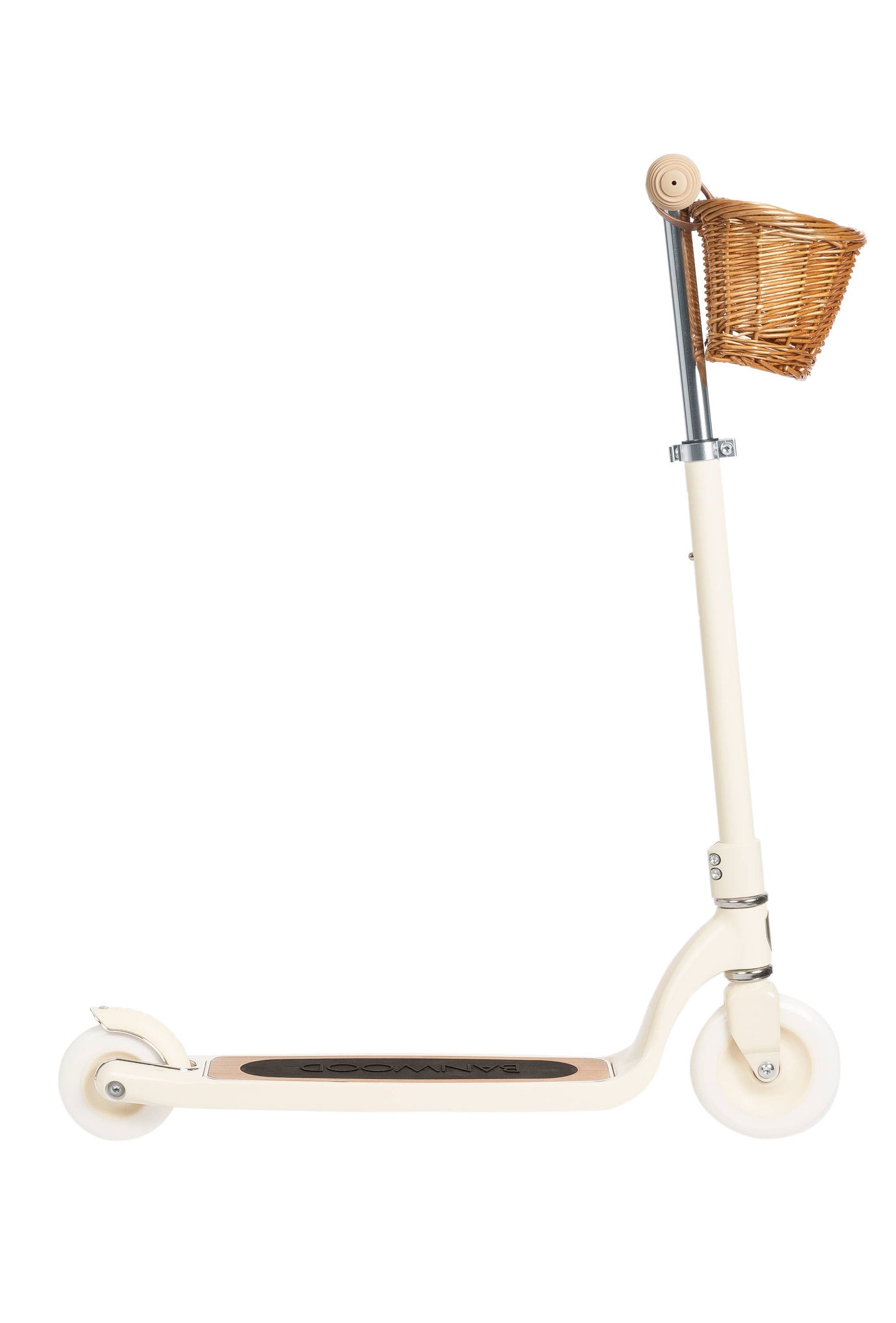 Banwood Maxi Scooter Vintage Cream full product — aluminum frame, oak deck, wicker basket, T-handlebar, and two-wheel design