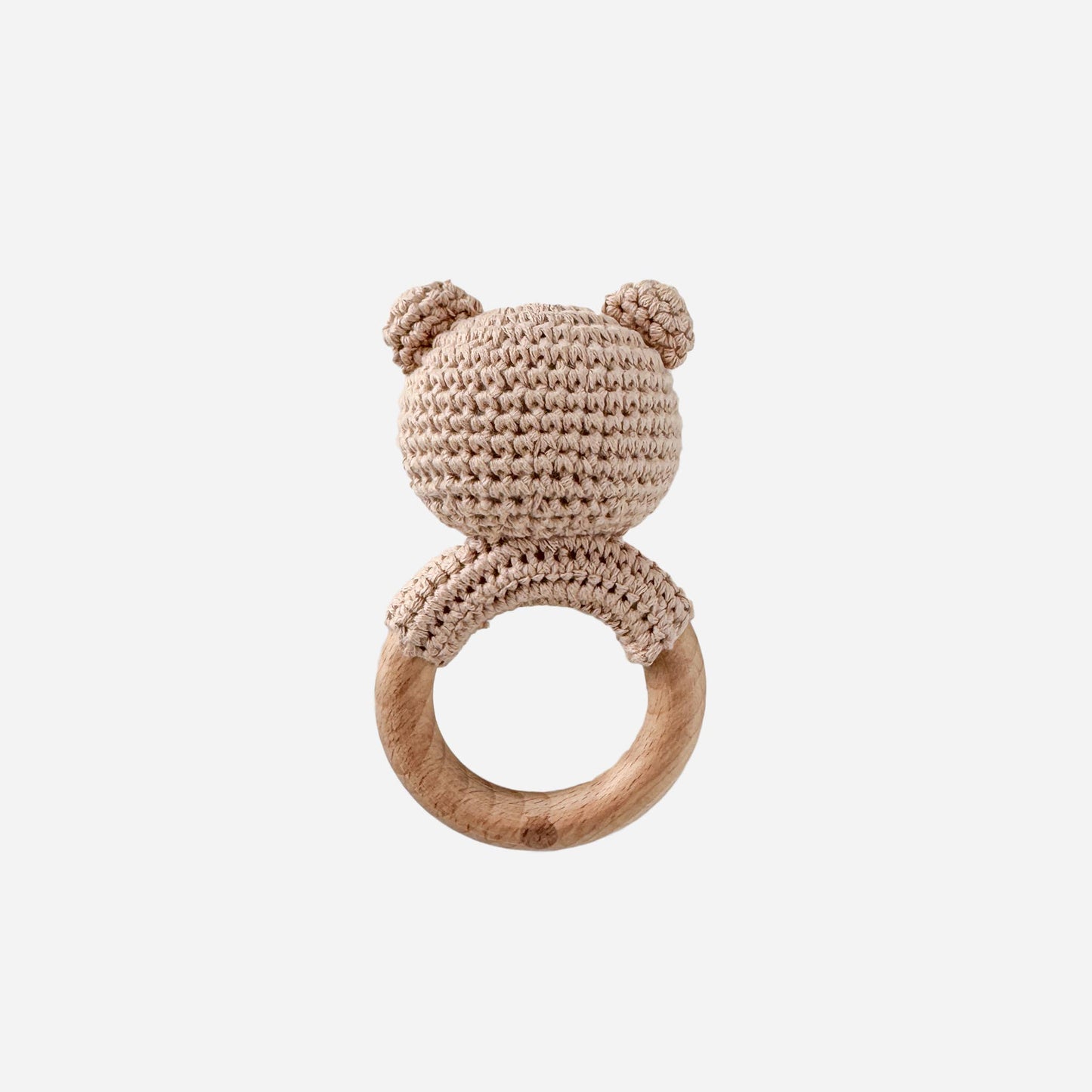 Bear brown organic knit baby teether with beech wood ring