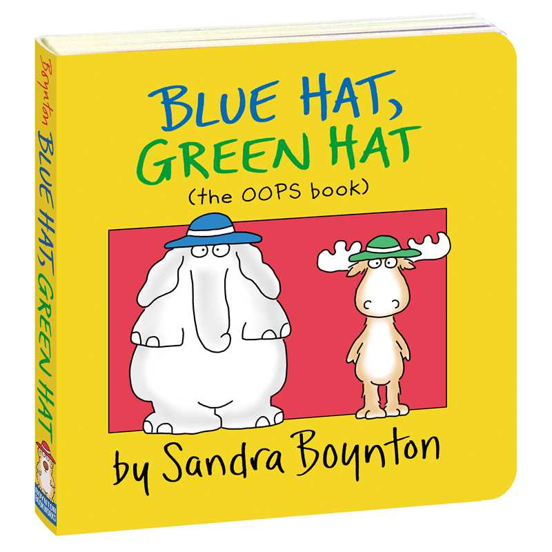 
                      
                        Blue Hat, Green Hat board book by Connecticut author Sandra Boynton standing upright, showing cover with colorful animals and playful title
                      
                    