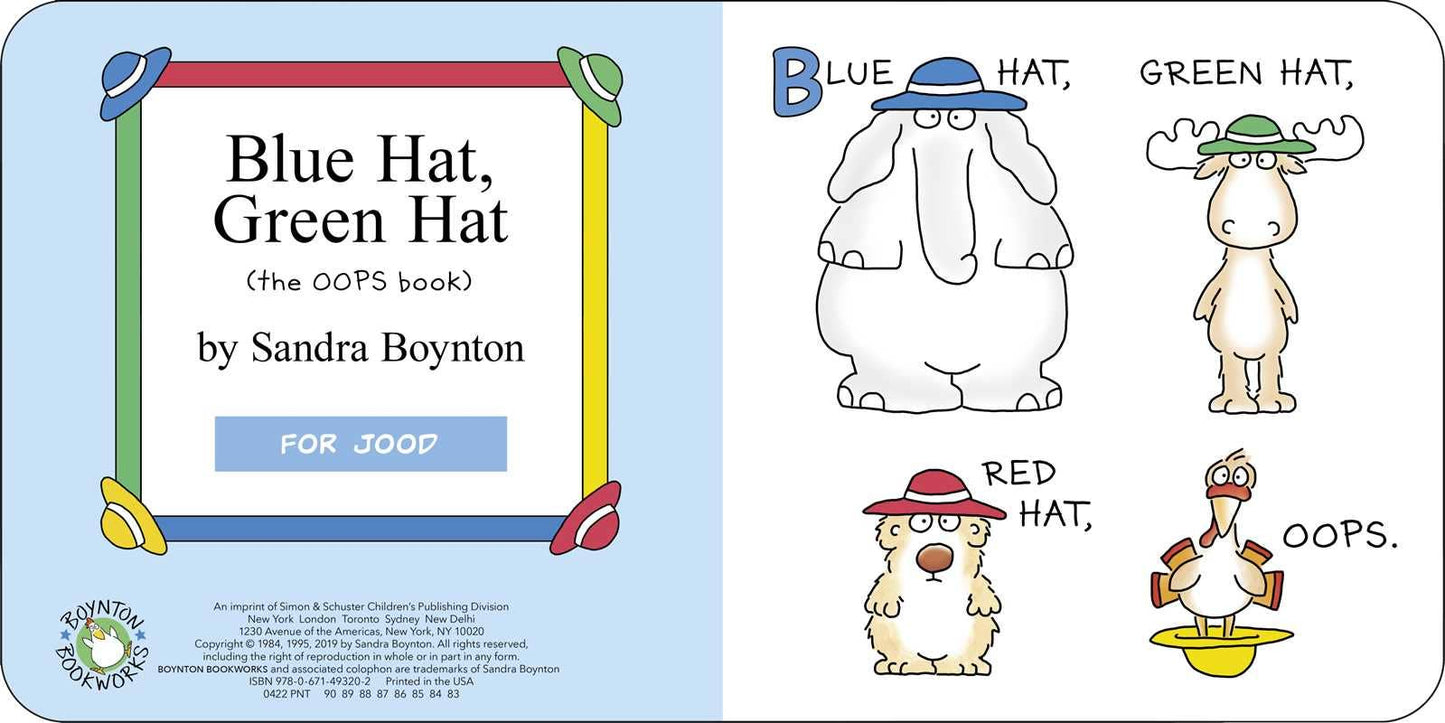 Inside cover and first page of Blue Hat, Green Hat by Connecticut author Sandra Boynton showing colorful animals and playful text