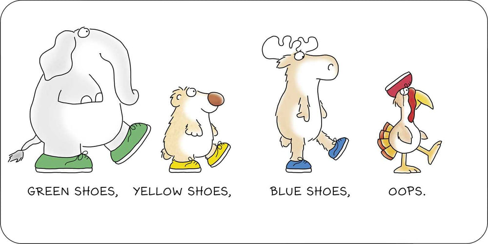 
                      
                        Two inside pages of Blue Hat, Green Hat board book by Sandra Boynton showing colorful clothing and a silly turkey in a humorous children’s story
                      
                    