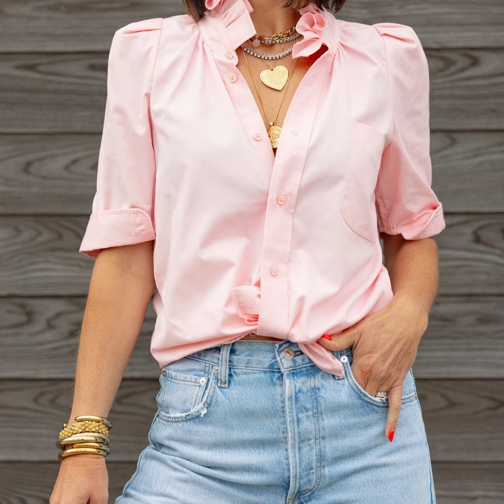 Bontina Blouse – Upcycled Vintage Shirt with ¾ Puff Sleeves & Stand-Up Collar