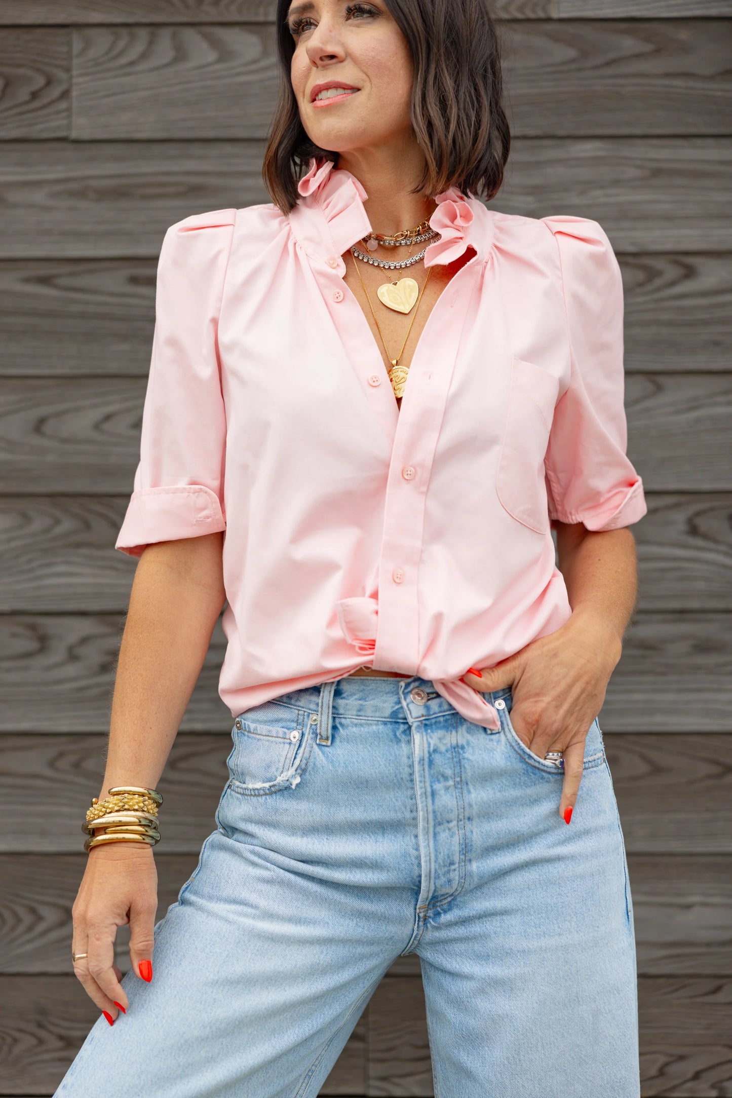 Bontina Blouse – Upcycled Vintage Shirt with ¾ Puff Sleeves & Stand-Up Collar