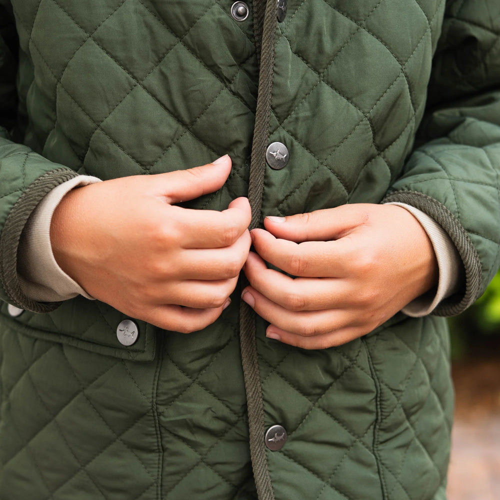 
                      
                        Close-up of button closure on Boys Derby Field Jacket in green, showing quality construction and attention to detail.
                      
                    
