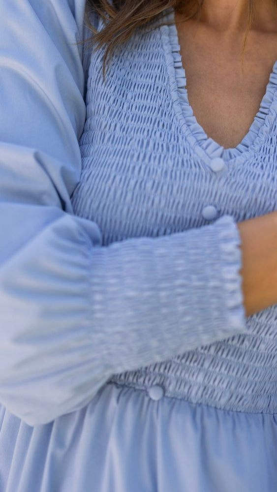 
                      
                        Close-up of smocked bodice and fabric texture on the Bridgette Dress in chambray blue.
                      
                    
