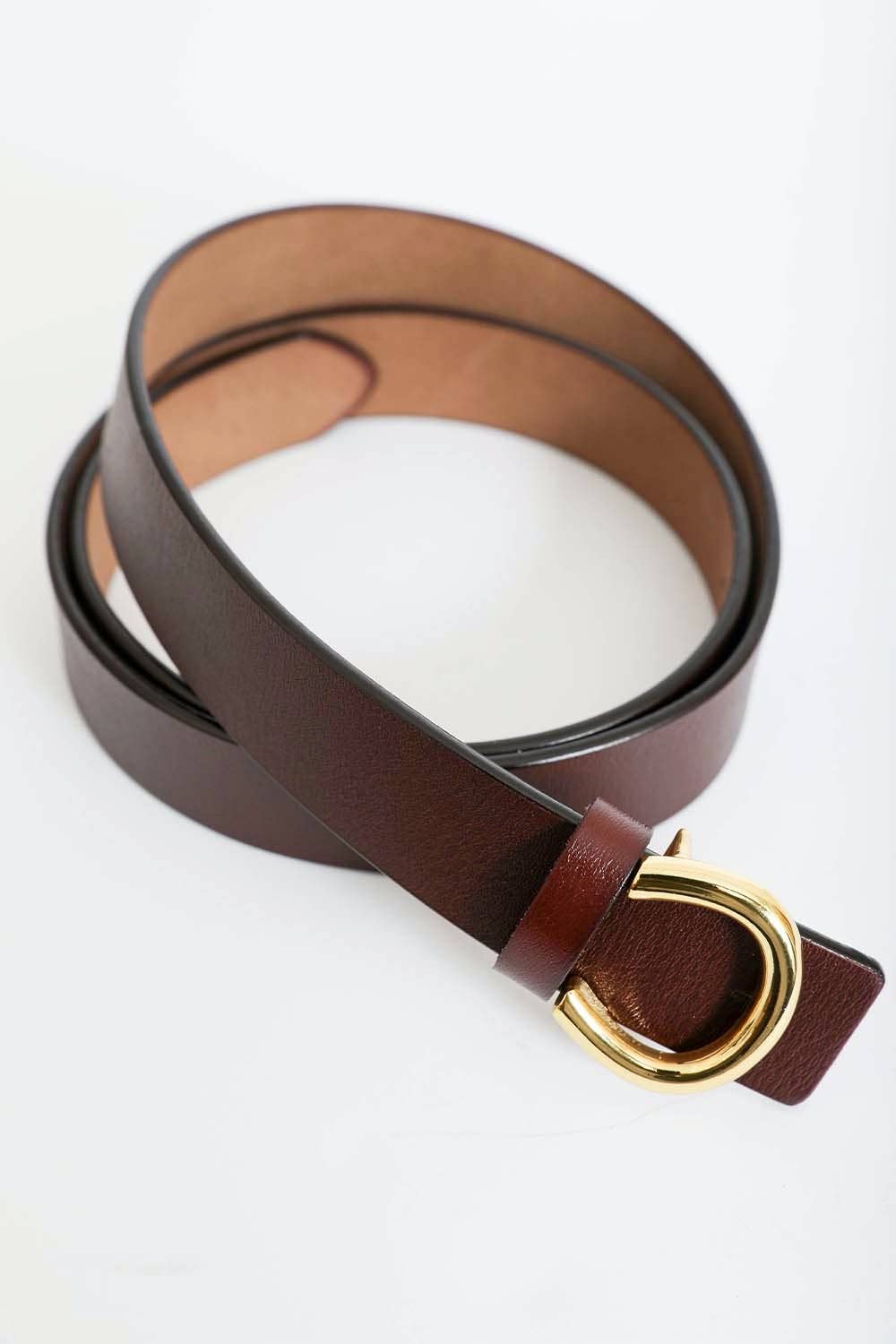Brown leather belt with a gold buckle on a white background available at Grace & Haven