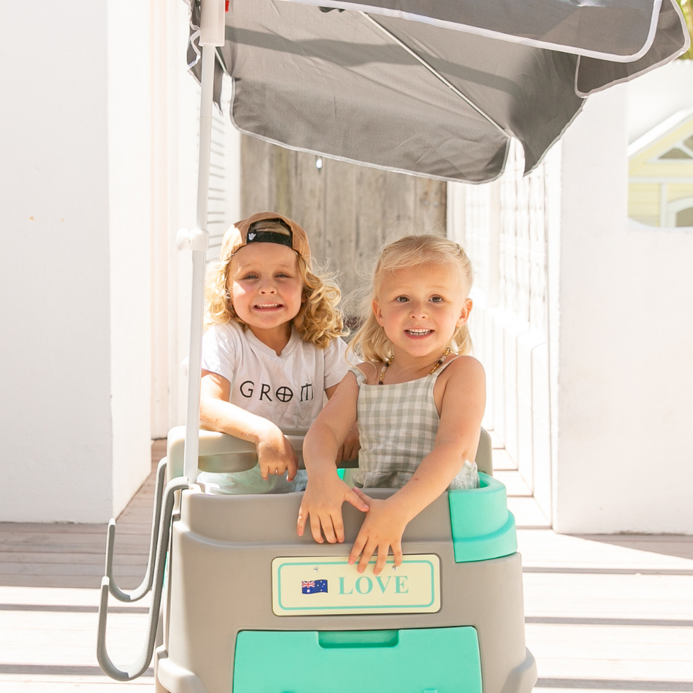 
                      
                        Back view of the Burleigh Wagon Kids Stroller & Beach Wagon with attached cooler, perfect for beach outings and family adventures.
                      
                    