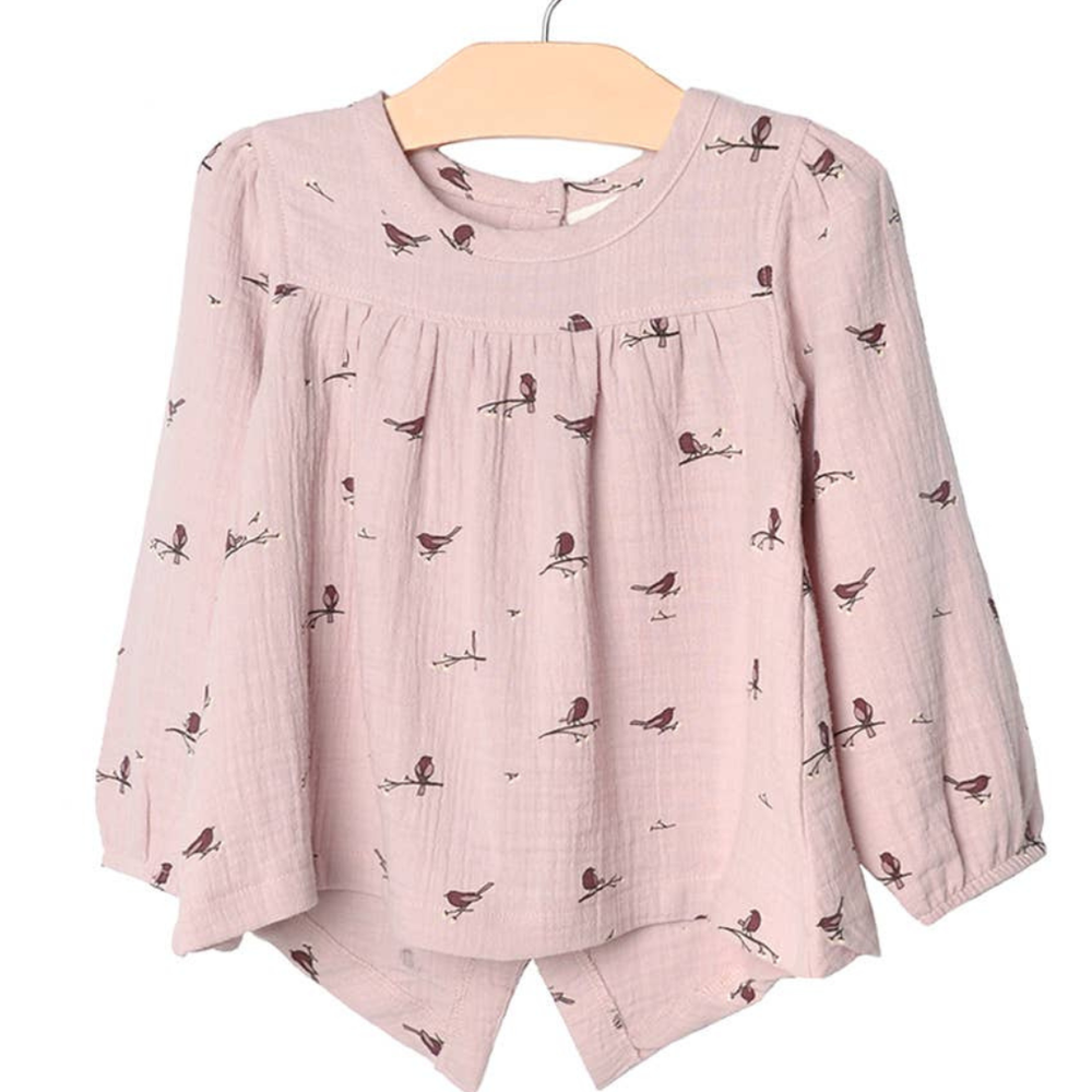 Button Back Top in Fall Lavender Birds by City Mouse, 100% cotton muslin with tulip hem and functional back buttons, flat lay view