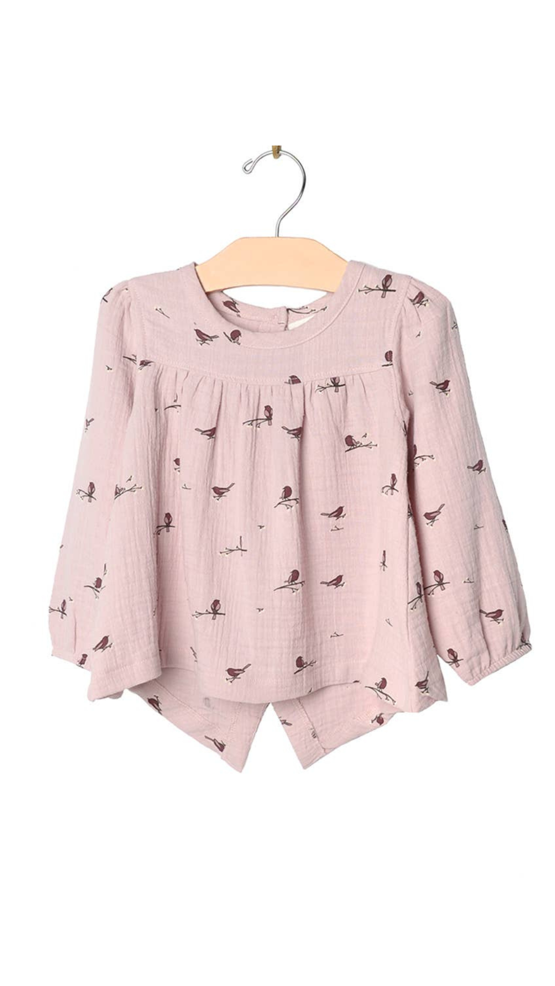 Button Back Top in Fall Lavender Birds by City Mouse, 100% cotton muslin with tulip hem and functional back buttons, flat lay view