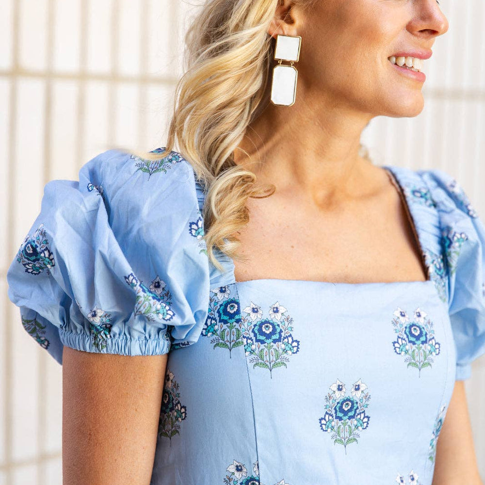 
                      
                        The Lucia Dress | Dusty Blue Floral Print Maxi Dress with Puff Sleeves and Pockets
                      
                    