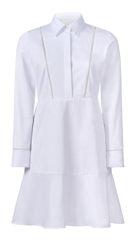 
                      
                        Flat lay of the Callaway Dress front view showing bias hem and tailored bodice with elegant button detailing.
                      
                    