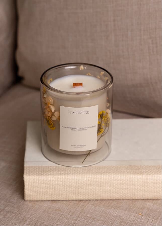 Handmade candle in a double glass vessel created at Grace & Haven’s Essex CT candle making workshop.