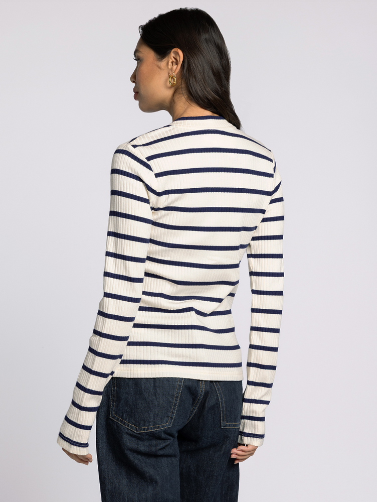 
                      
                        Back view of model in the Carina Ivory and Navy Ribbed Henley, featuring ribbed texture and fitted silhouette.
                      
                    