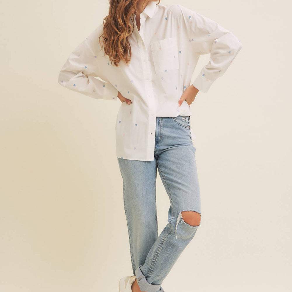 
                      
                        Full of Hearts Embroidery Button-Down Shirt – Soft Cotton with Playful Heart Detail
                      
                    