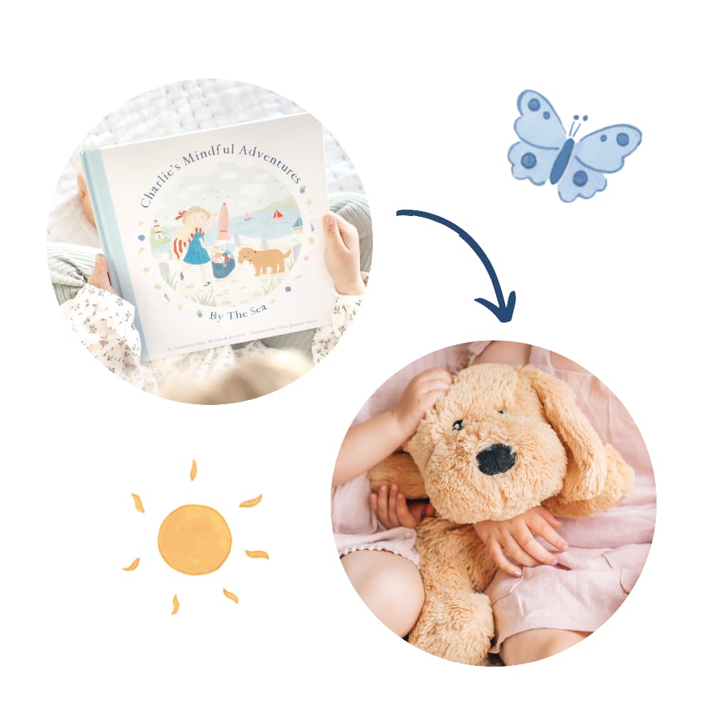 Child cuddling Charlie the weighted puppy at bedtime alongside the story of Charlie in a children's book - Charlie's Mindful Adventures
