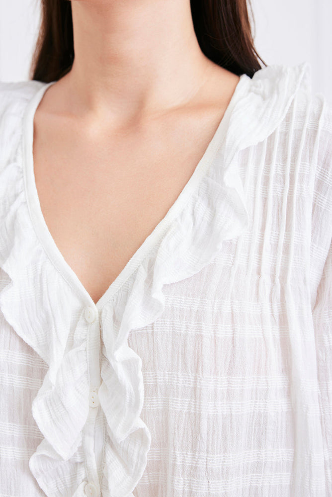 
                      
                        Close-up of the Chloe Shirt’s delicate ruffle collar, shell buttons, and petite pin-tuck front detailing.
                      
                    