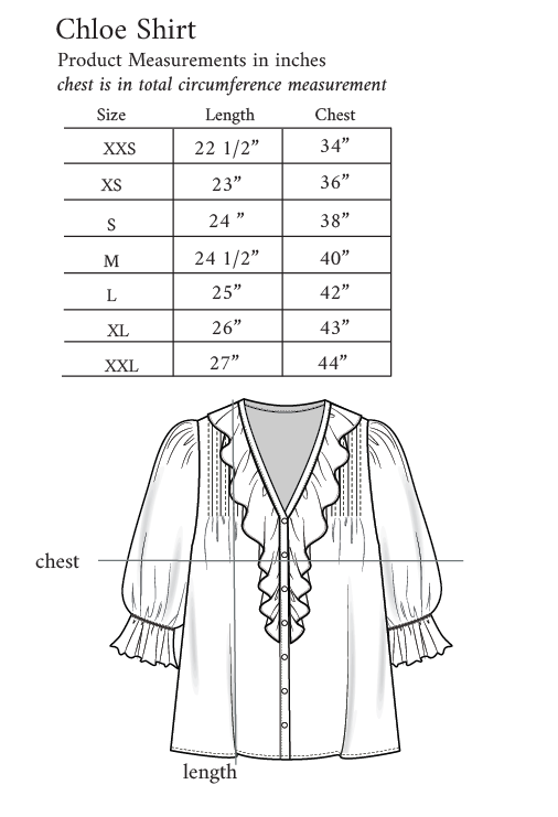 
                      
                        Size chart for the Chloe Shirt, including garment measurements and fit suggestions for all sizes.
                      
                    