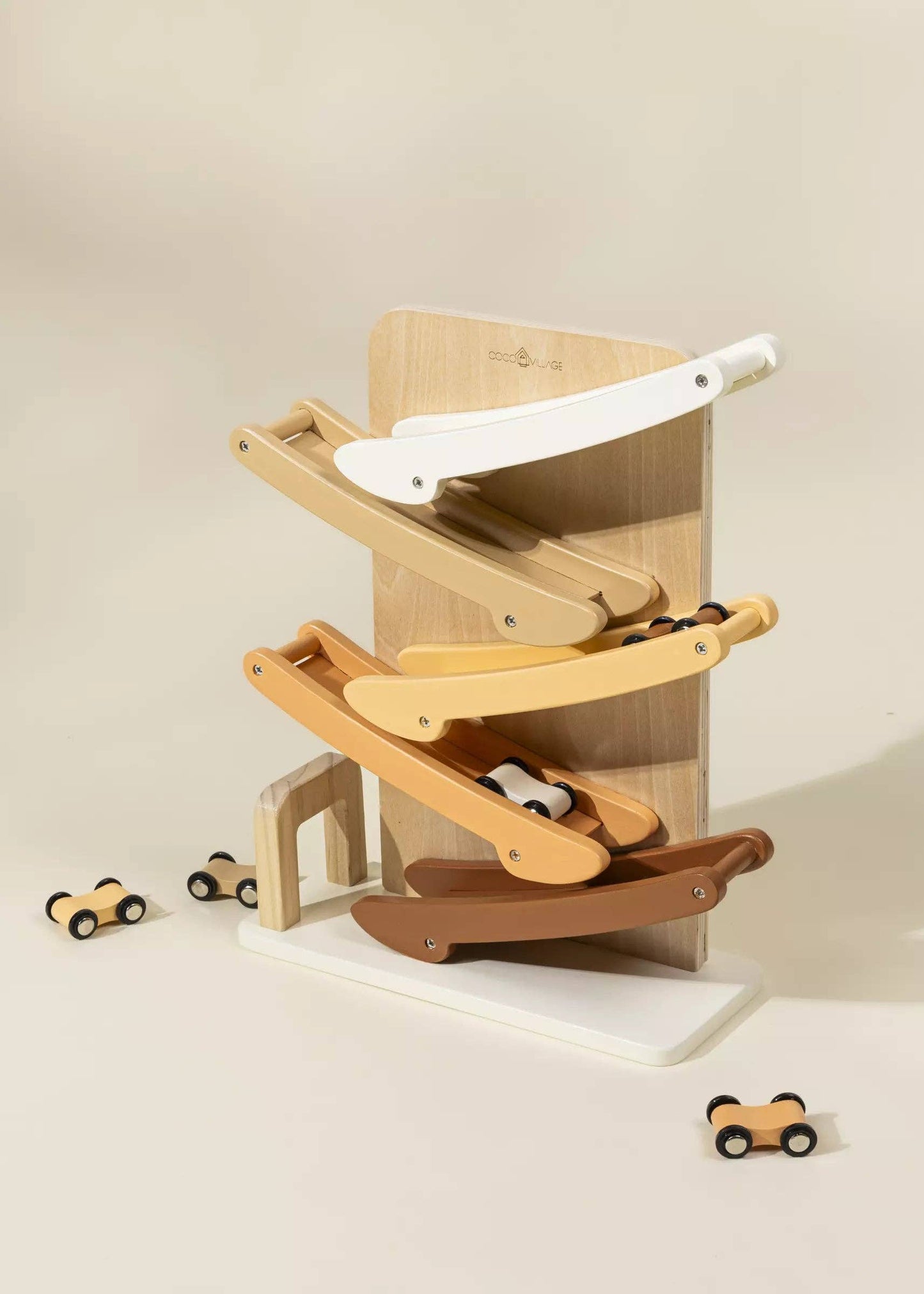 Side view of Wooden Car Glider Track showing smooth wooden ramps and sturdy toddler-safe design