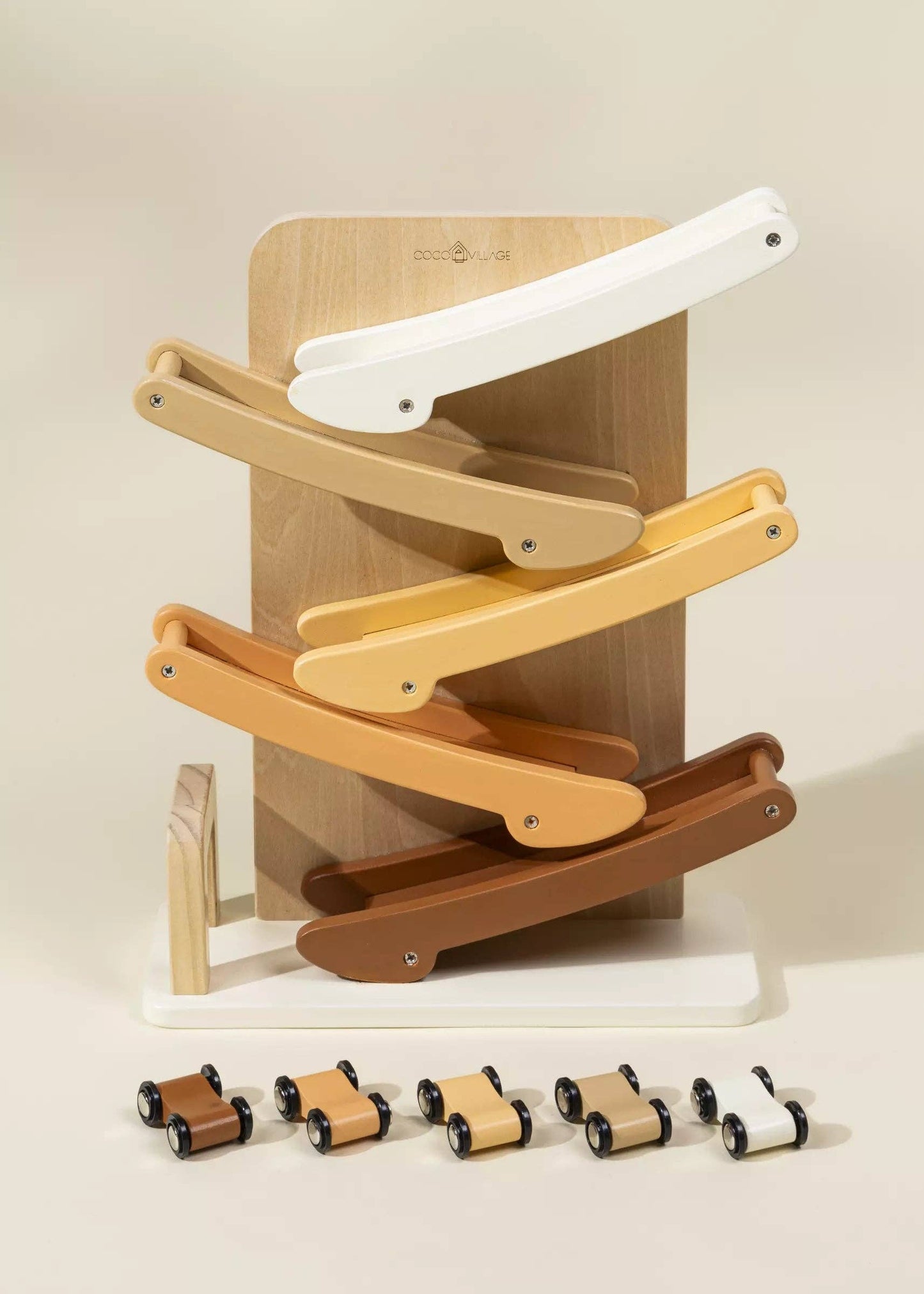 Wooden Car Glider Track front view with 5 colorful cars ready to race down the ramps