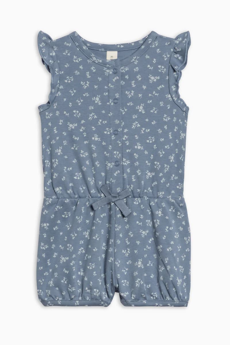 Flat lay of Colored Organics Amelia Romper Isla — flutter sleeves, cinched waist, snap bottom