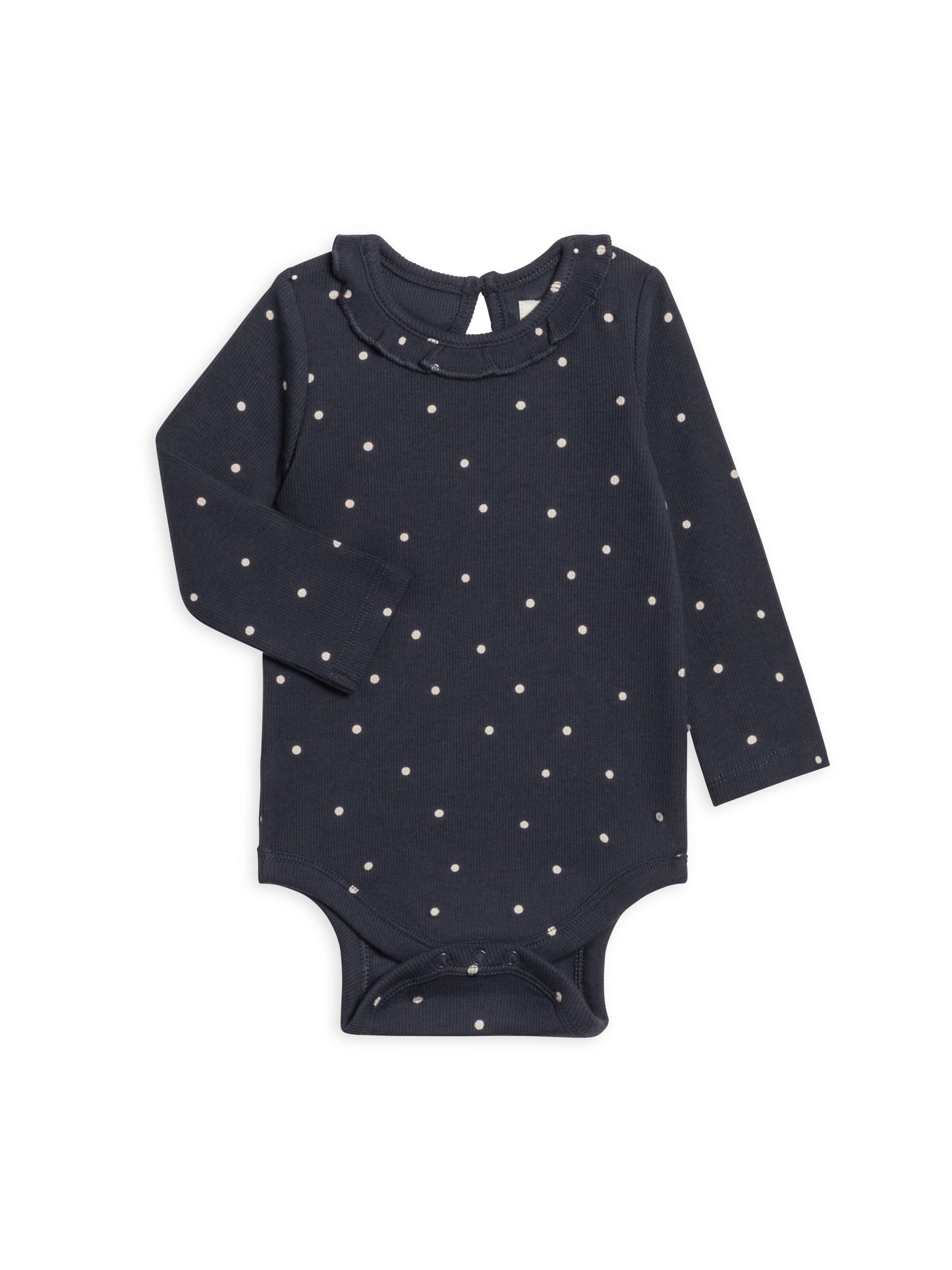 Colored Organics organic cotton onesie with ruffle collar – a soft, breathable baby onesie in navy with polka dots, featuring a delicate ruffle collar for added charm.