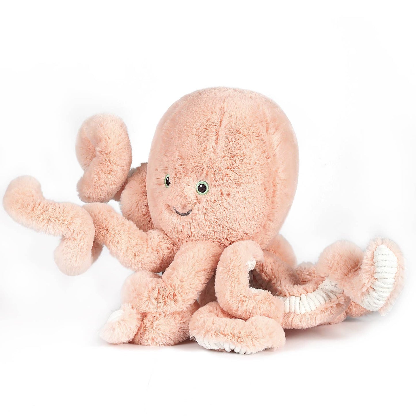 Flatlay of Cove Octopus pink soft toy, 15-inch eco-friendly plush octopus for babies and kids
