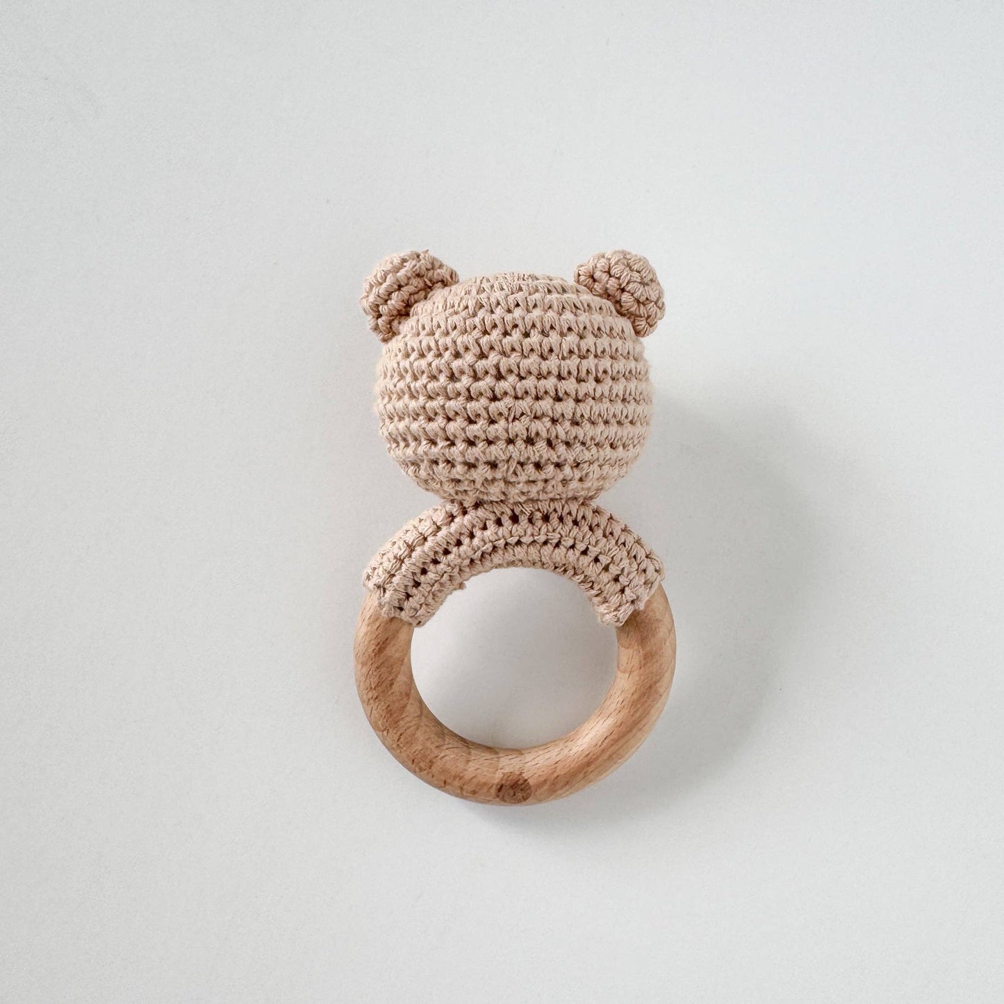 Hand-crocheted cotton bear teether with soft rattle inside