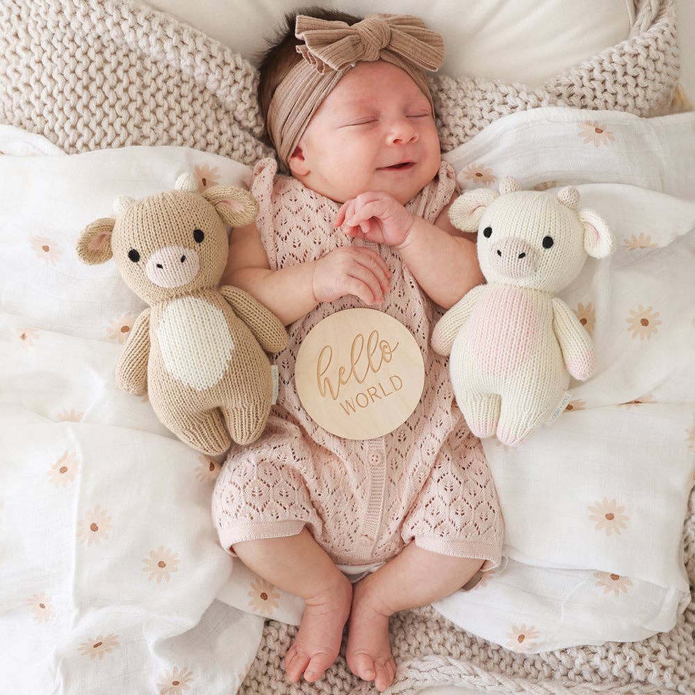 
                      
                        Cuddle + Kind Baby Cow (Jersey) next to newborn holding "Hello World" sign, perfect for birth announcements and baby gifts
                      
                    