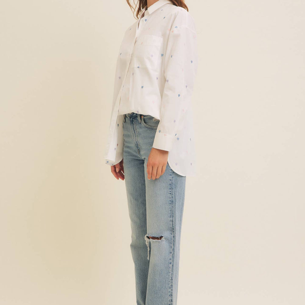 
                      
                        Full of Hearts Embroidery Button-Down Shirt – Soft Cotton with Playful Heart Detail
                      
                    