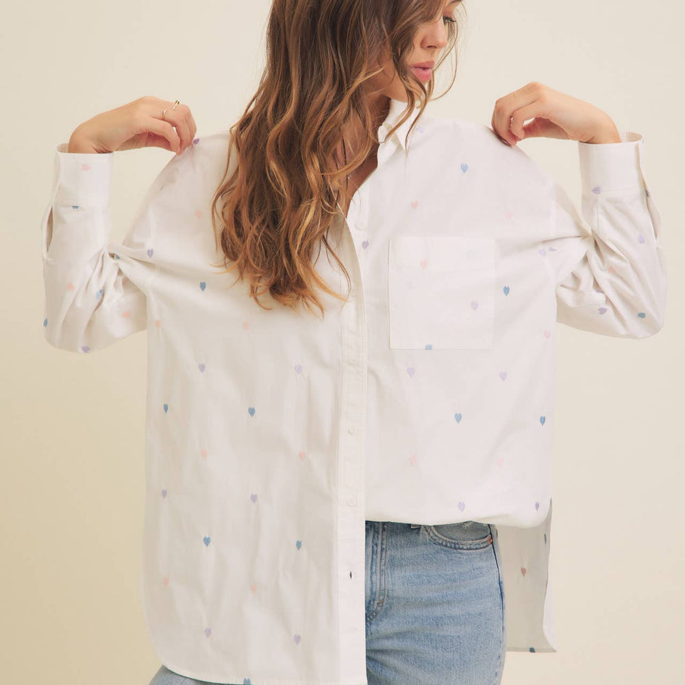 
                      
                        Full of Hearts Embroidery Button-Down Shirt – Soft Cotton with Playful Heart Detail
                      
                    