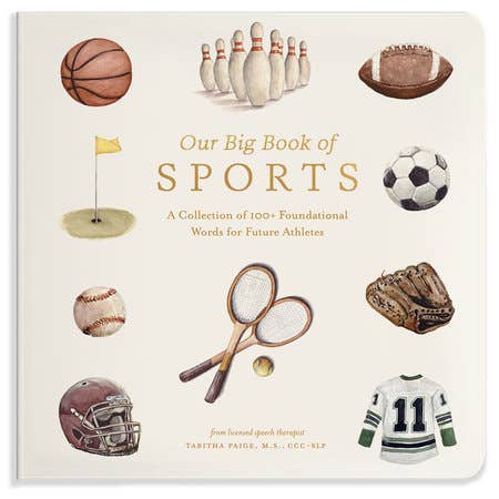 Cover of Our Big Book of Sports with watercolor illustrations of balls, sports equipment, and a jersey.